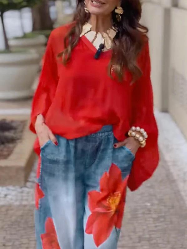 Loose Wide Leg Flower Print Jean Pants Bottoms Trousers Product Image