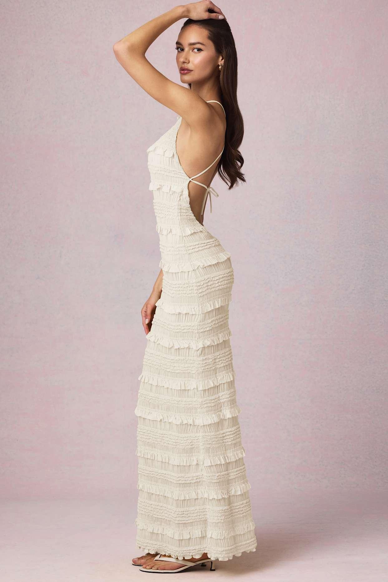 Ruffled Backless Halterneck Maxi Dress in Ivory Product Image