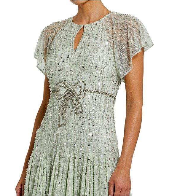 Mac Duggal Keyhole Neck Flutter Sleeve Bow Front Beaded Mesh Drop Waist Midi Dress Product Image