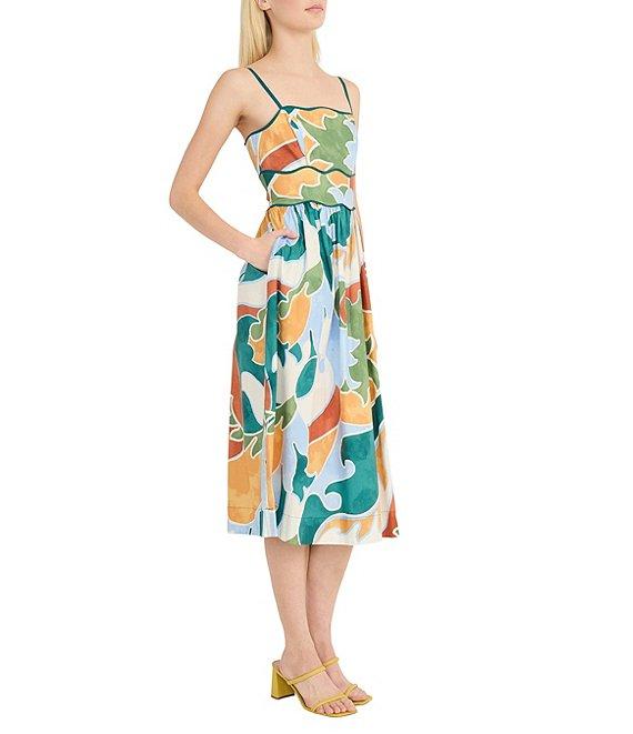 Donna Morgan Poplin Multi Print Square Neck Sleeveless Scalloped Trim Midi Dress Product Image