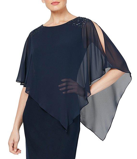 Ignite Evenings Chiffon Asymmetric Overlay 3/4 Sleeve Beaded Shoulder Detail Round Neck Sheath Dress Product Image