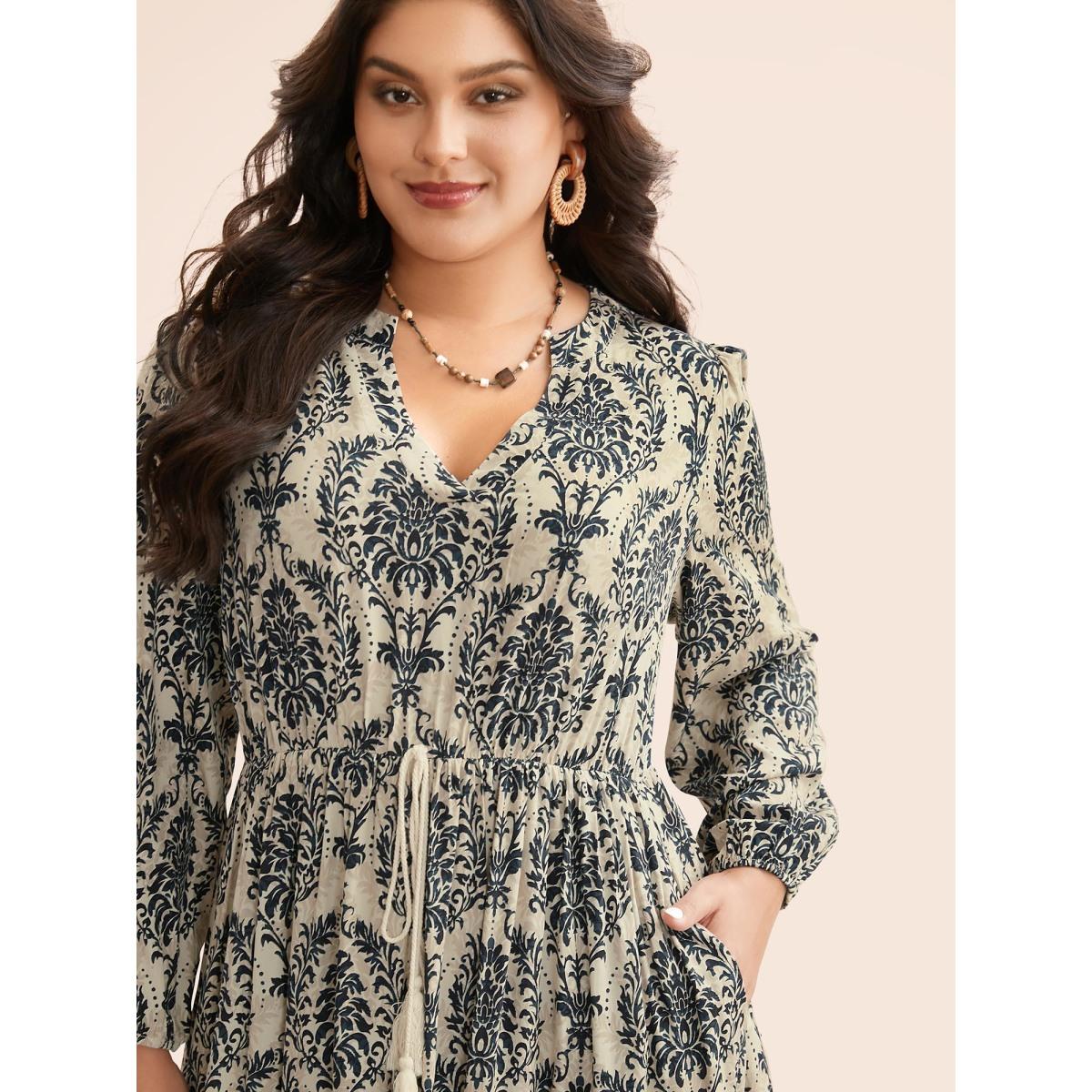 Plus Size Boho Print Notched Tie Knot Maxi Dress BlackFlower Women Resort Tie knot Flat collar with V-notch Long Sleeve Curvy BloomChic 28/5X Product Image