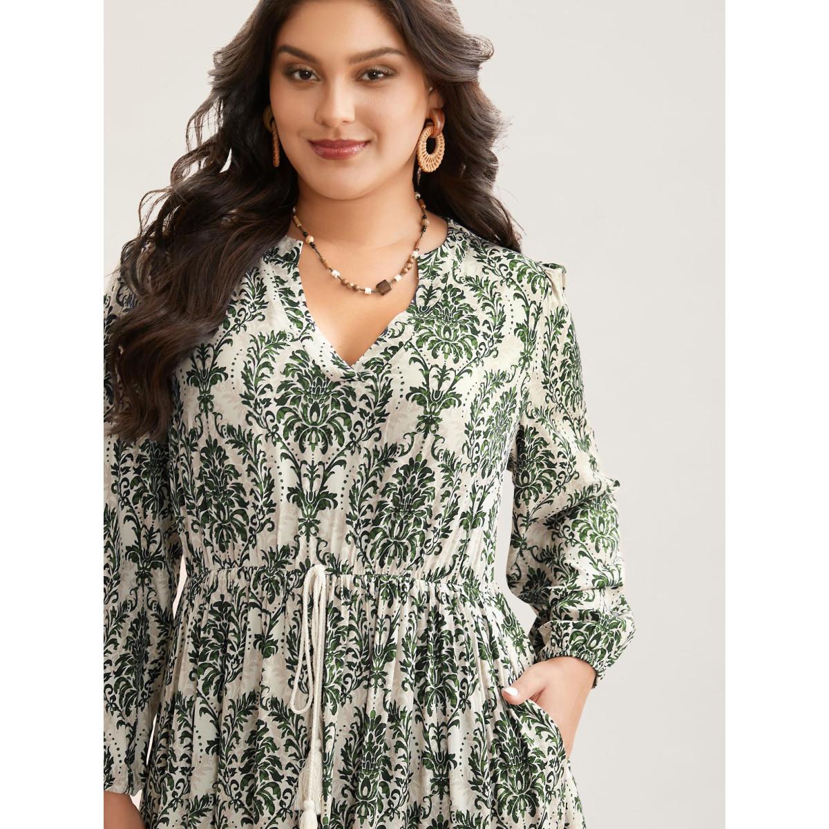 Plus Size Boho Print Notched Tie Knot Maxi Dress Greenbean Women Resort Tie knot Flat collar with V-notch Long Sleeve Curvy BloomChic 28/5X Product Image