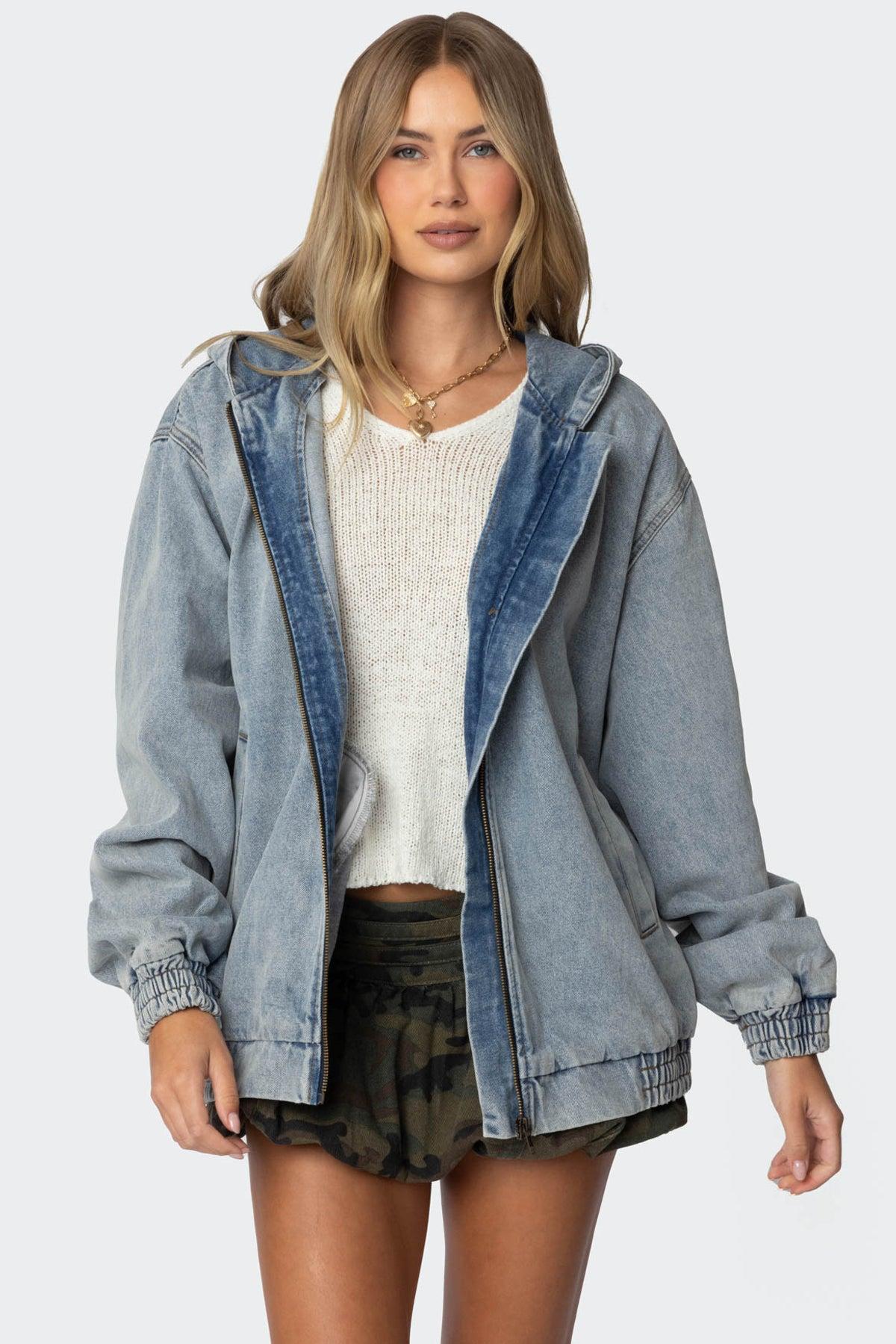 Hooded Vintage Washed Denim Bomber Jacket Product Image