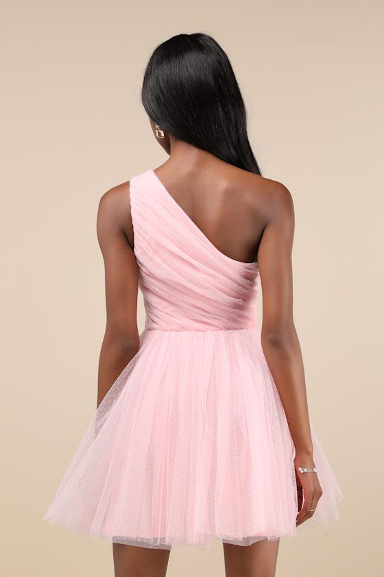 Exceptional Moments Light Pink Swiss Dot One-Shoulder Mini Dress Product Image