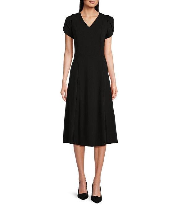 Calvin Klein Scuba Crepe Short Tulip Sleeve V-Neck A-Line Midi Dress Product Image