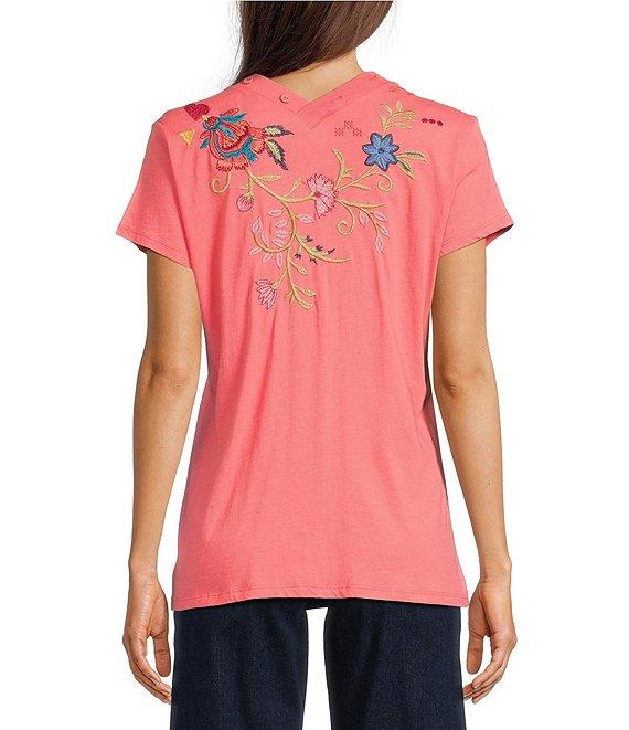 JOHNNY WAS Georgia Floral Embroidered Cotton Knit Button Detail V-Neck Short Sleeve Tee Product Image