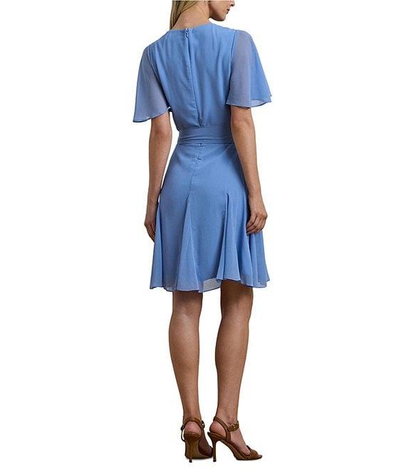 Lauren Ralph Lauren Crinkle Georgette V-Neck Short Flutter Sleeve Wrap Mini Dress Product Image
