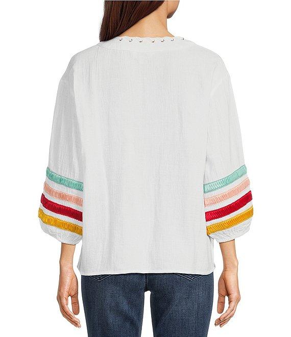 Tru Luxe Jeans Ribbon Trimmed Self-Lace Split Neck 3/4 Sleeve Top Product Image