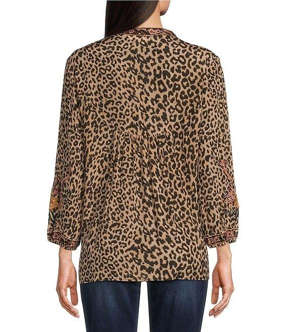 Karyn Seo Maria Floral Animal Print Embroidered Notch V-Neck 3/4 Sleeve Top Product Image