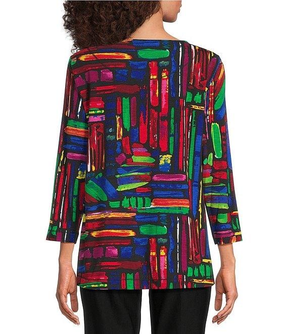 Ali Miles Knit Brushstroke Print Round Neck 3/4 Sleeve Top Product Image