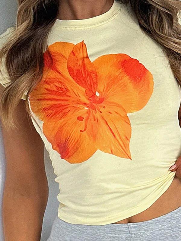 Short Sleeves Skinny Flower Print Round-Neck T-Shirts Tops Product Image