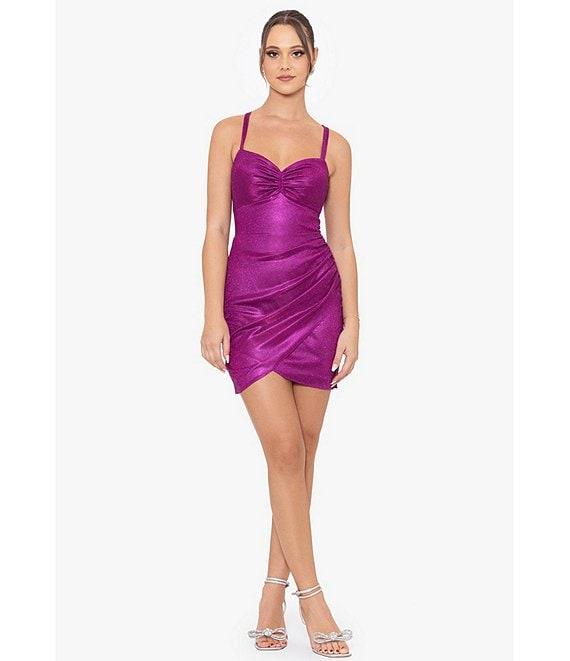 Blondie Nites Spaghetti Strap Sweetheart Lace-Up Back Shine Wrap Dress Product Image