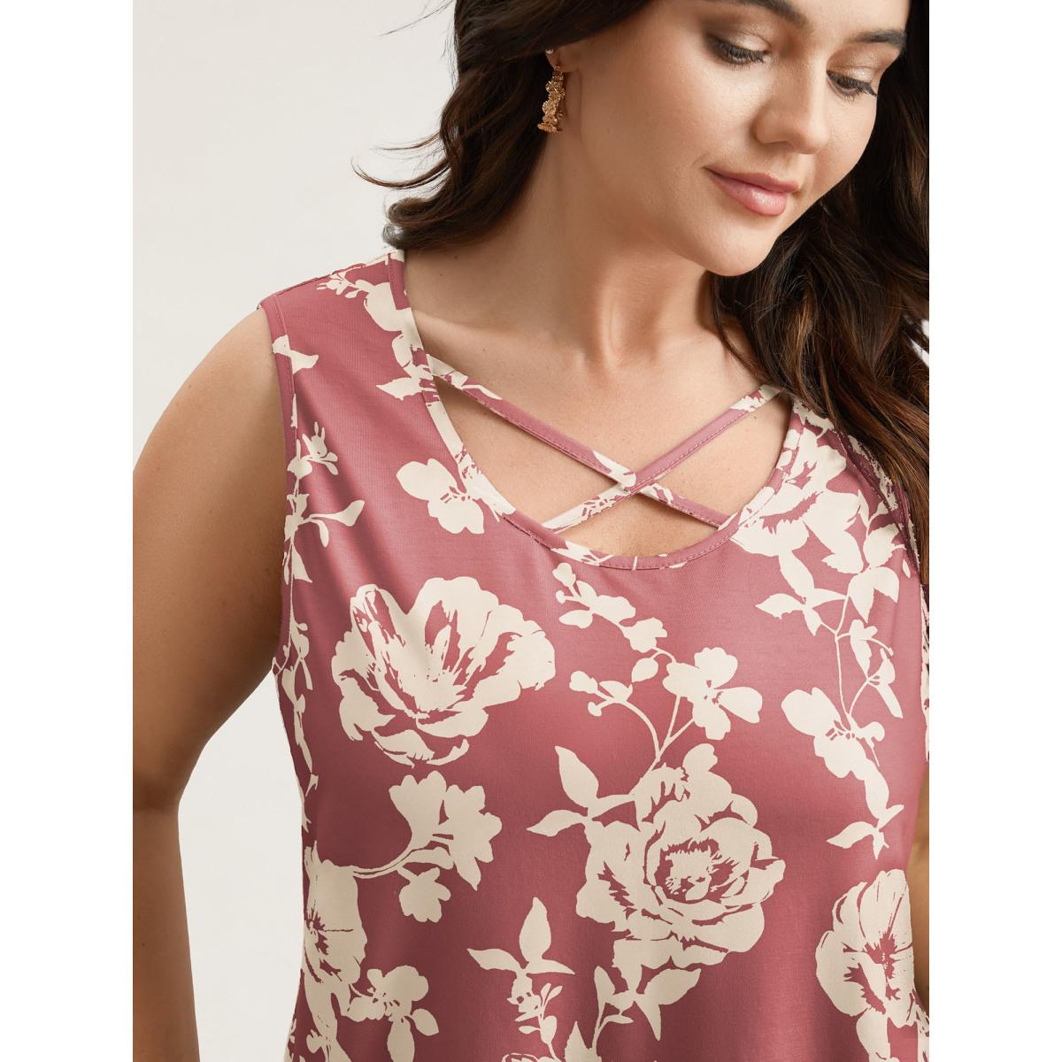 Plus Size Rosy Print Neck-Tie Fitted Vest Women DustyPink Elegant Contrast U-neck Everyday Tank Tops Camis BloomChic 22-24/3X Product Image