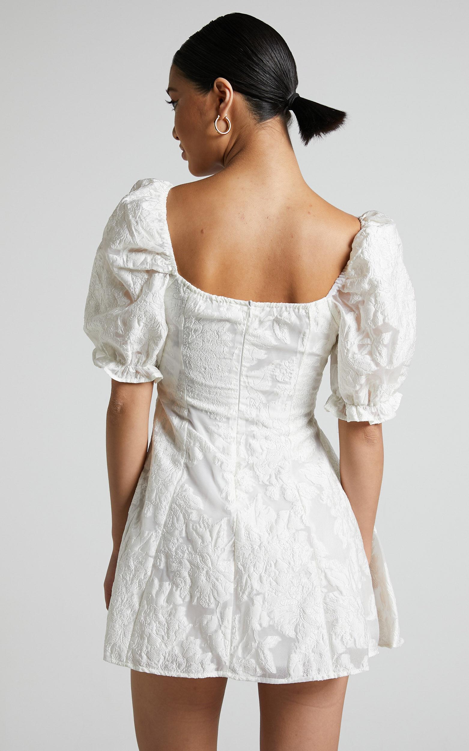 Brailey Mini Dress - Puff Sleeve Fit and Flare Dress in White Product Image