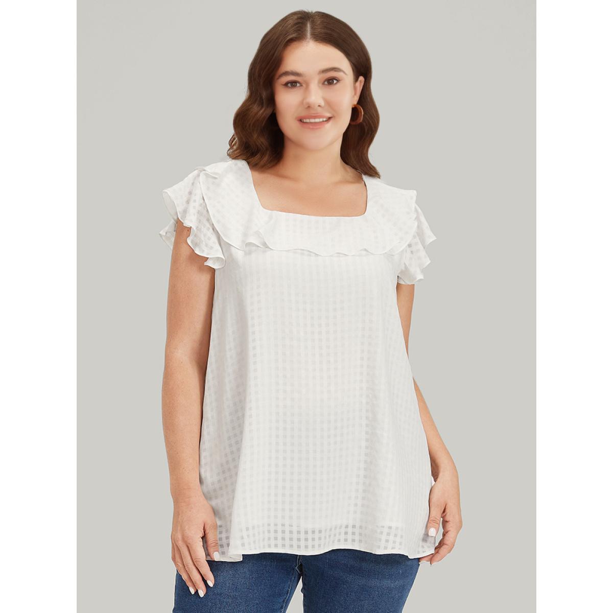 Plus Size Ivory Gingham Flutter Cap Sleeve Tiered Blouse Women Elegant Cap Sleeve Square Neck Dailywear Blouses BloomChic 30/6X Product Image