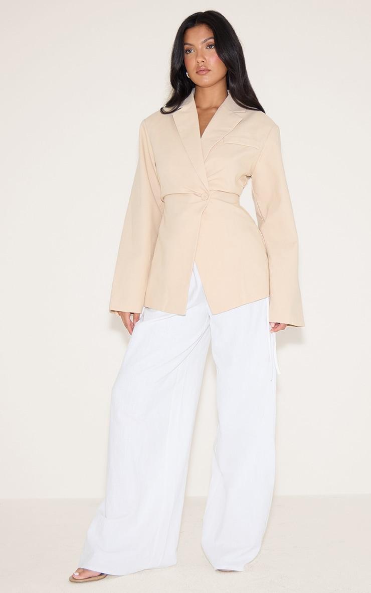Beige Linen Look Tailored Cinched Waist Blazer Product Image