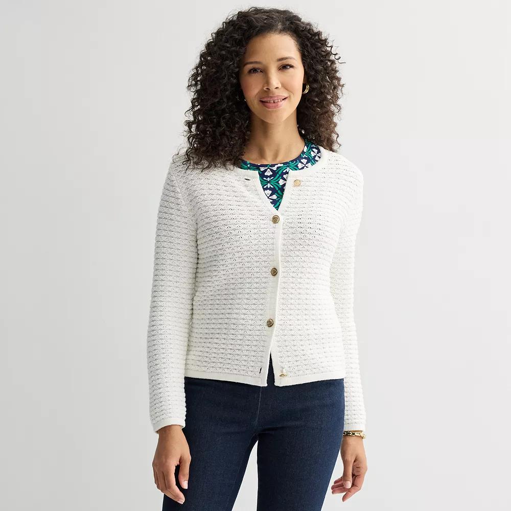 Petite Croft & Barrow® Crewneck Long Sleeve Button Front Textured Cardigan, Women's, Size: Small Petite, White Product Image