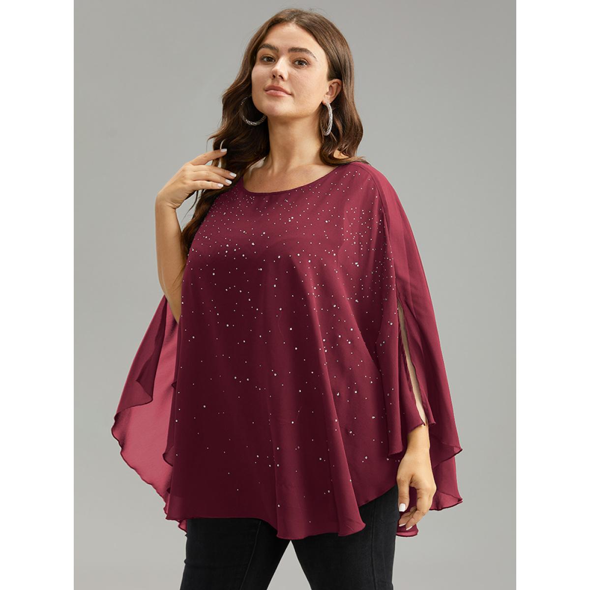 Plus Size Scarlet Chiffon Rhinestone Split Dolman Sleeve Blouse Women Cocktail Elbow-length sleeve Round Neck Party Blouses BloomChic 22-24/3X Product Image