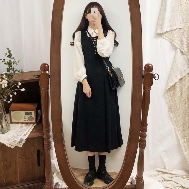 Plain Long-Sleeve Blouse / Midi A-Line Overall Dress Product Image