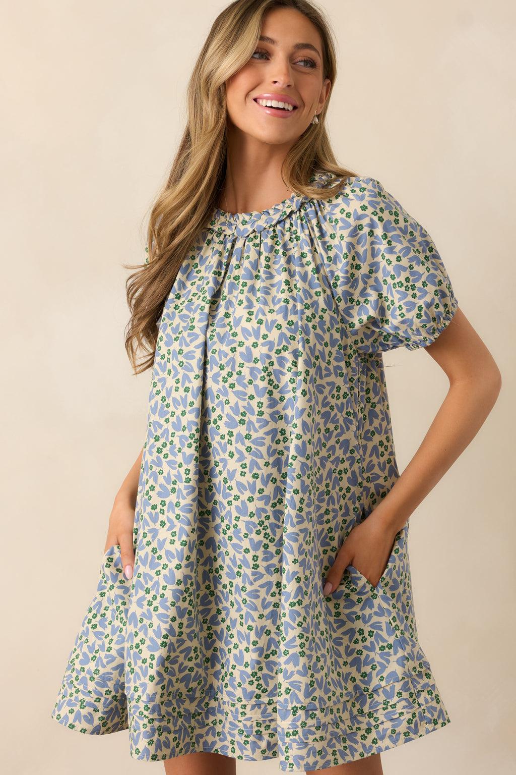 Stories Unfolding Dusty Blue Floral Cotton Mini Dress Product Image